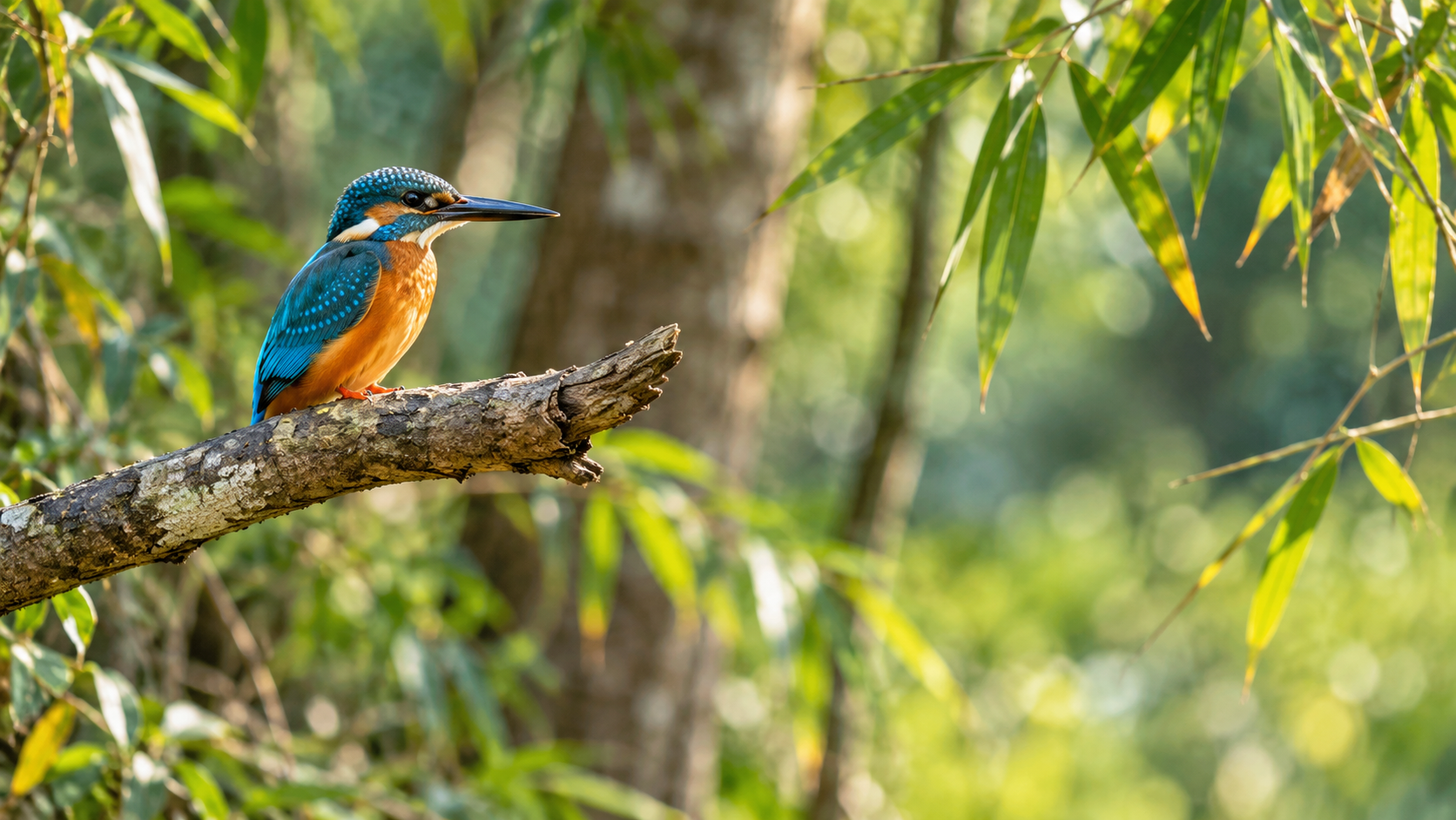 Kingfisher perched among green leaves in the forest