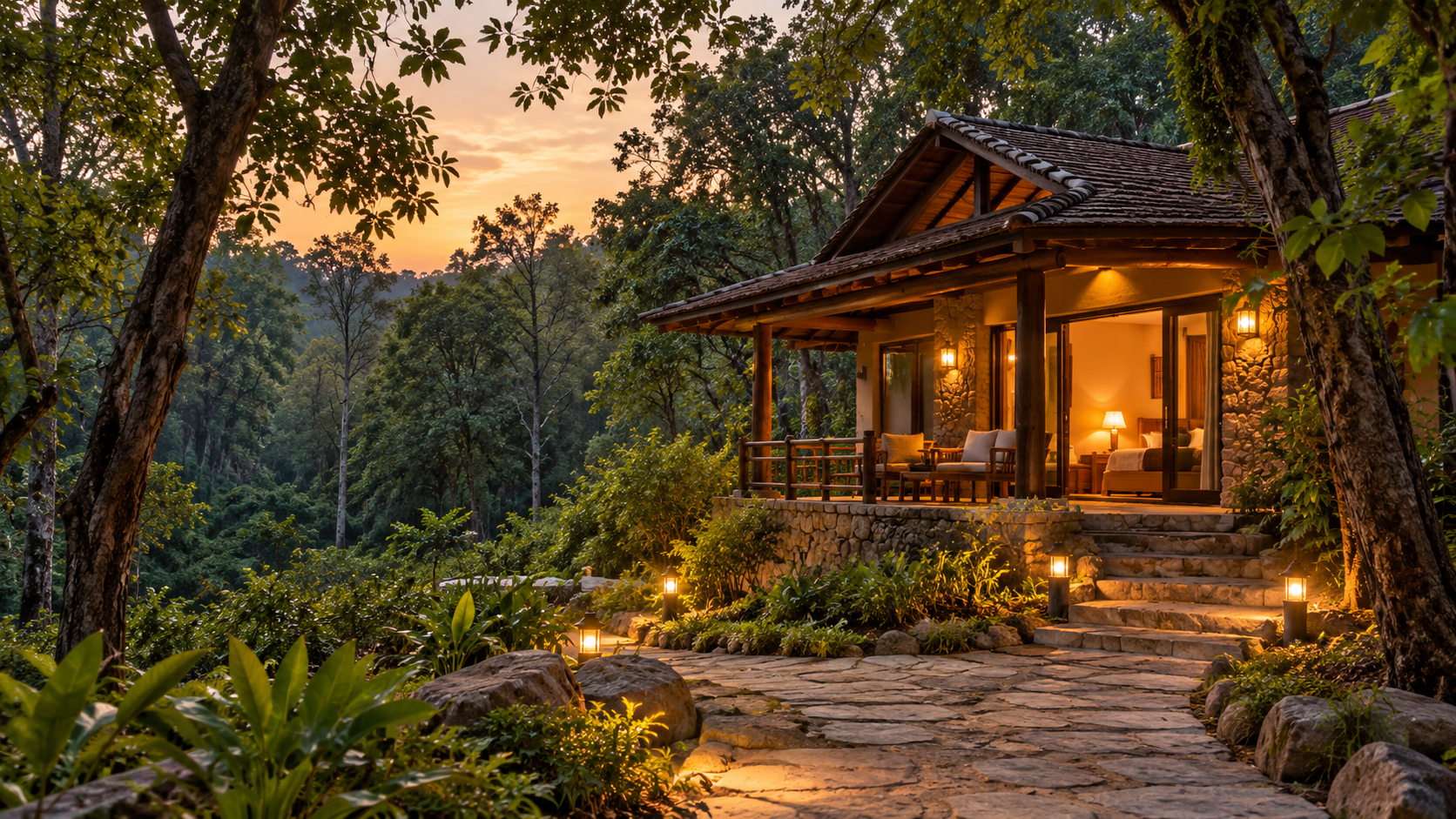 Warmly lit forest lodge surrounded by trees at sunset
