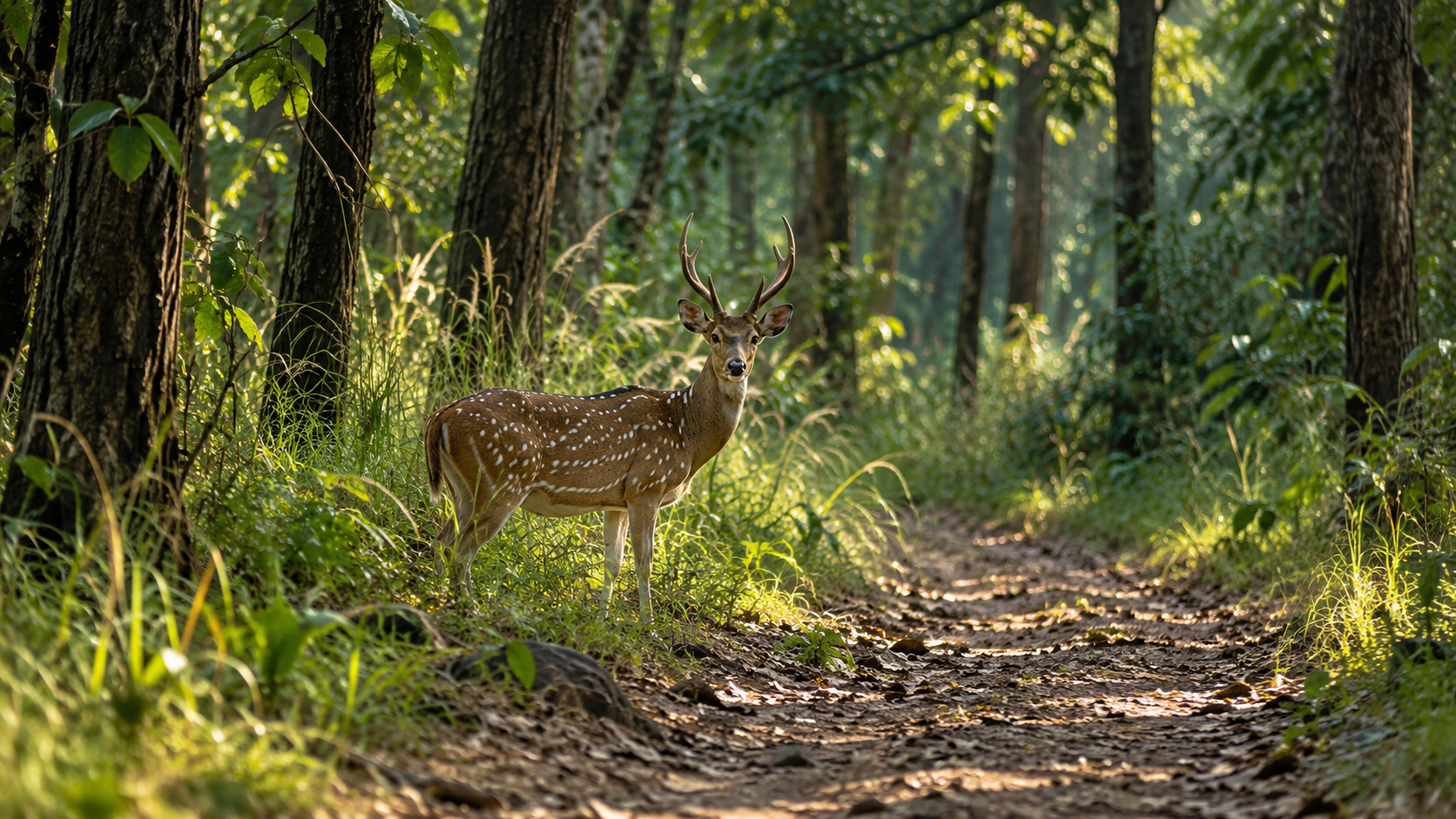 Spotted deer standing on a shaded forest trail