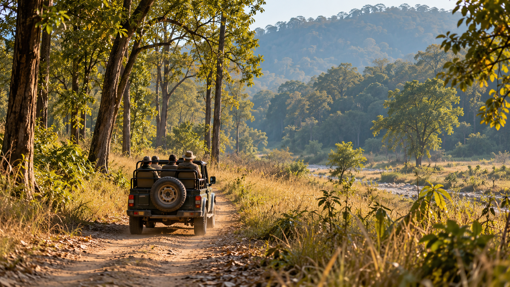 Open jeep with safari guests on a forest trail at golden hour